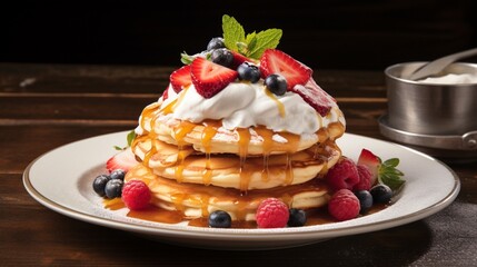 fluffy pancakes adorned with vibrant fruit toppings, generously smothered in whipped cream and syrup--an irresistible treat that's sure to tantalize your taste buds