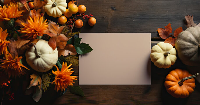Thanksgiving invitation mockup with space for text on postcard, top view.