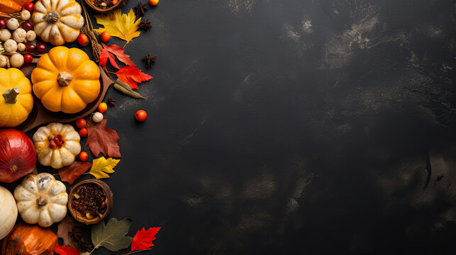 thanksgiving day banner with autumn vegetables with space for text postcard, top view.