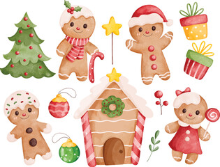 Watercolor Illustration set of cute Christmas gingerbread and Christmas elements