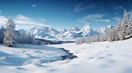 Fototapeta na wymiar Beautiful winter panorama with fresh powder snow. Landscape with spruce trees, blue sky with sun light and high Alpine mountains on background