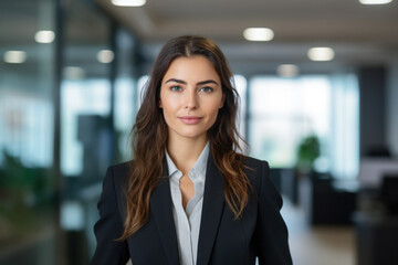Naklejka premium Smiling businesswoman with her office in the background