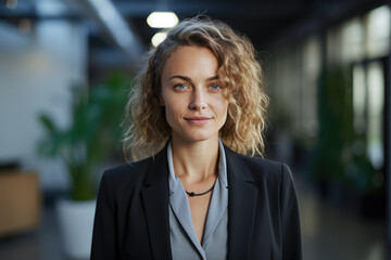 Smiling businesswoman with her office in the background