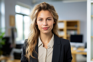 Smiling businesswoman with her office in the background