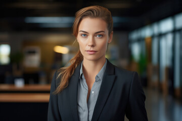 Fototapeta premium Smiling businesswoman with her office in the background