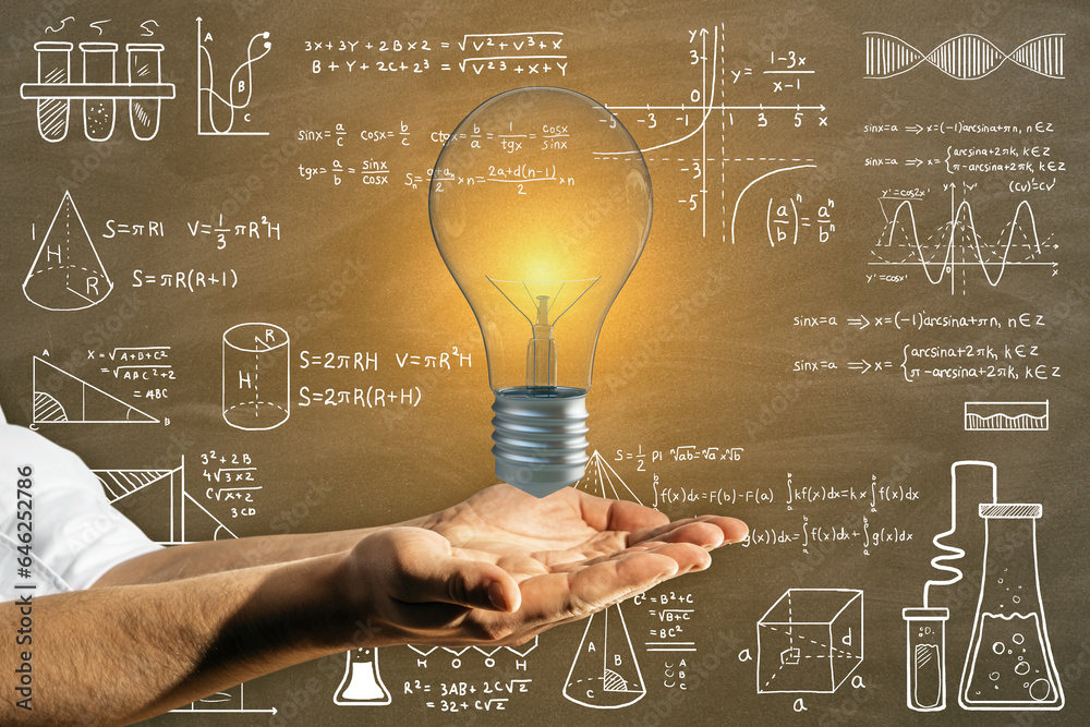 Poster close up of businessman hands holding glowing light bulb on chalkboard wall background with mathemat