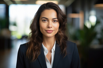 Obraz premium Smiling businesswoman with her office in the background