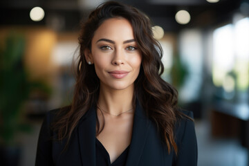 Obraz premium Smiling businesswoman with her office in the background