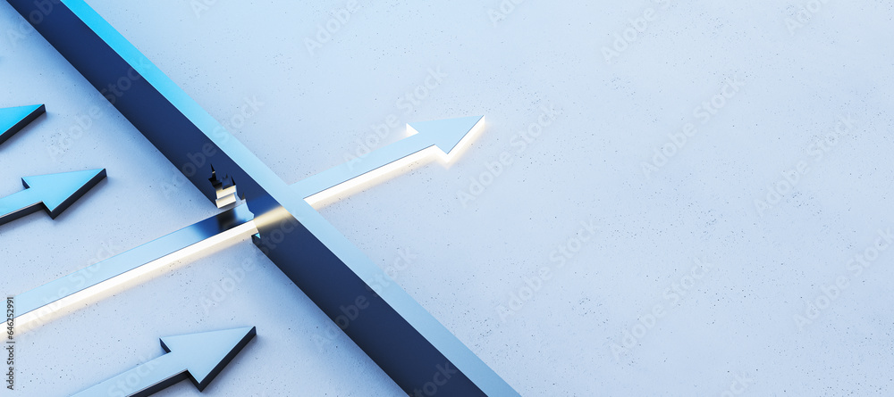 Poster abstract illuminated blue arrow breaking through wall on light background with mock up place. leader