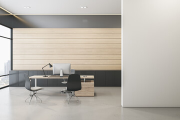 Modern wooden plank office interior with mock up place on wall, window and city view, furniture and equipment. Home or office workplace concept. 3D Rendering.