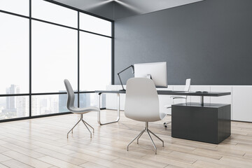 Black office interior with wooden parquet flooring, window and city view, furniture and equipment. Home or office workplace concept. 3D Rendering.