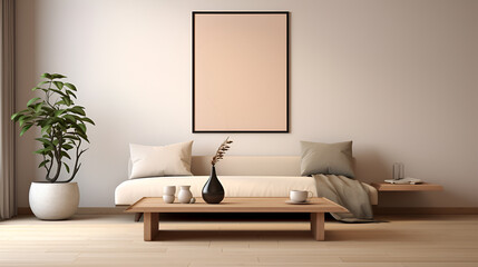 Сozy living room beige interior with poster on wall, sofa, couch, coffee table
