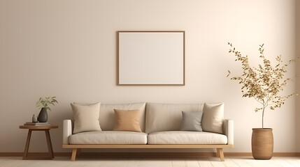 Warm living room beige interior with mock up poster frame template, painting