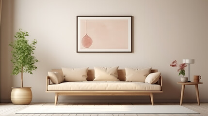 Warm living room beige interior with mock up poster frame template, painting