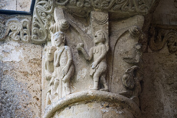 Carving detail (Adam and Eve) at the Abbey de la Sauve-Majeure in the Nouvelle-Aquitaine region of south-west France