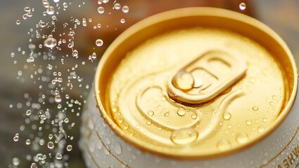Beer can with water droplets, water splashing