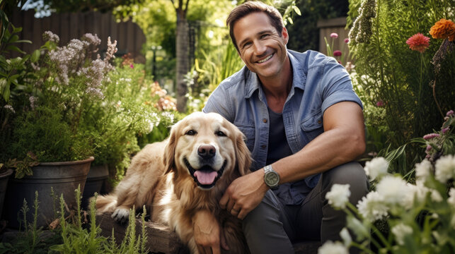 photo of A smiling golden retriever in the garden with his owner 