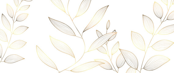 Botanical leaf line art wallpaper background vector. Luxury natural hand drawn foliage pattern design in minimalist linear contour simple style. Design for fabric, print, cover, banner, invitation.