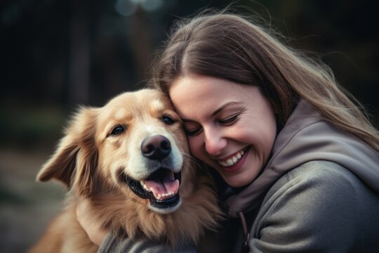 a happy dog with owner happy together.