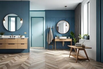 Side view on Eco interior design of bathroom with wooden frame of round mirror on blue wall, wooden sink cabinet and floor, white  generated by AI tool.