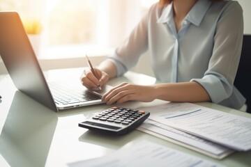 Closeup shot of businesswoman using a calculator and laptop in an office.