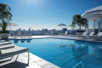 Swimming pool on roof top with beautiful city view of the skyscrapers. Premium hotel.