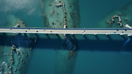 A Bridge Spanning Over Water with Traffic Flowing Across - Captured in an Aerial Top-View Shot