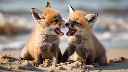 A captivating moment of a young red foxes playing on the beach