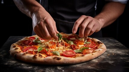 a close-up of a chef's hands as they artfully top the pizza base with a generous portion of pizza...