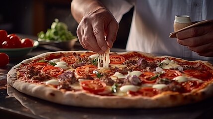 a close-up of a chef's hands as they artfully top the pizza base with a generous portion of pizza sause