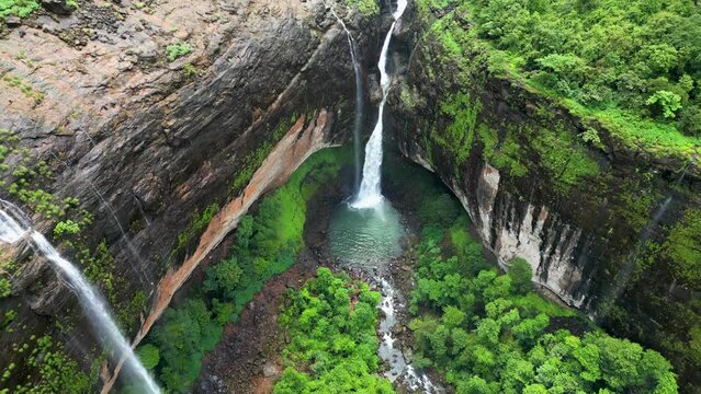 beautiful devkund waterfalls bottom to top drone view