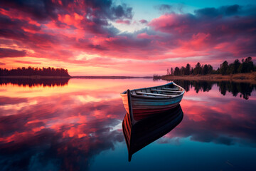 A solitary wooden boat drifts on a glassy lake