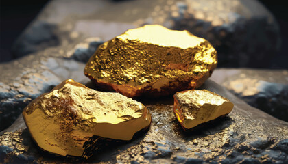 vector Pure gold ore found in the mine on a stone floor with water  .