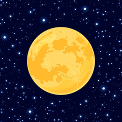 Full yellow moon in night starry sky. Vector cartoon flat illustration.