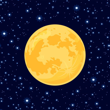 Full yellow moon in night starry sky. Vector cartoon flat illustration.