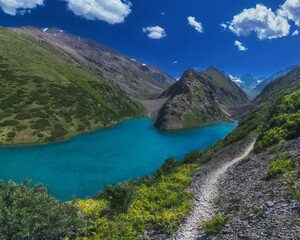Naklejka na ściany i meble Panorama landscape with a blue lake in the mountains in summer. Koksai Ainakol Lake in Tien Shan Mountains in Asia in Kazakhstan