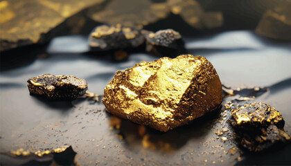 vector Pure gold ore found in the mine on a stone floor with water  .