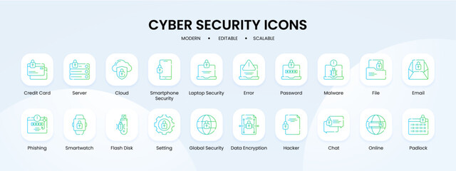 Cyber security icon collection with blue and green gradient outline style. security, data, cyber, set, protection, safety, technology. Vector illustration