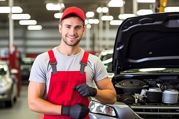 Fototapeta premium Portrait of confident Male mechanic standing in an auto repair shop, handsome young auto mechanic in uniform repairing car in the car repair shop