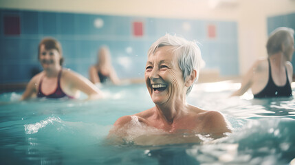 Portrait of a happy active senior woman enjoying aqua fit class at an outdoor swimming pool, embodying a healthy, retired lifestyle and longevity in their golden years.