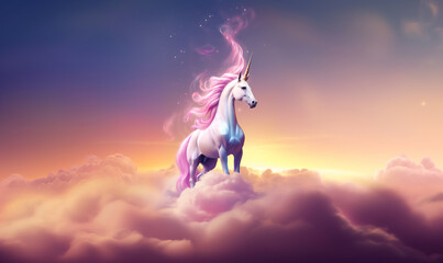Obraz na płótnie Canvas Magical unicorn with pink mane standing on top of clouds in the sky 