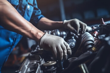 Fototapeta na wymiar Close up mechanic hand are using the wrench to repair and maintenance auto engine is problems at car repair shop. Concepts of check and during periodic inspection service.