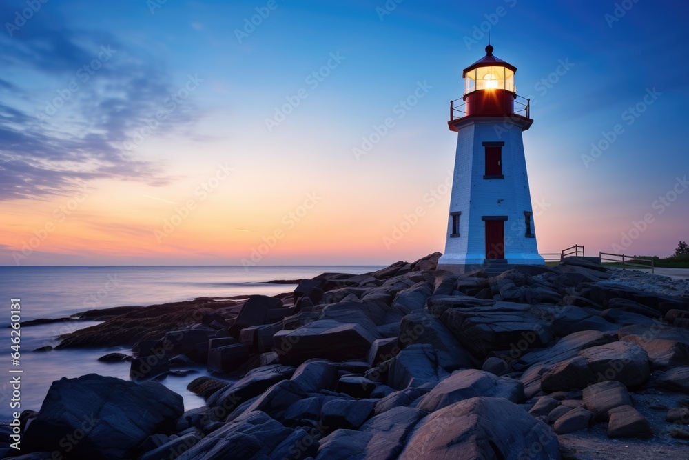Poster burning lighthouse with setting sun.