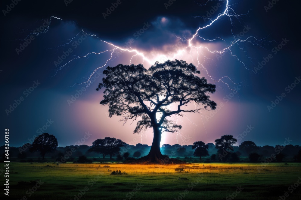 Poster A tree in nature with clouds in the sky and lightning.