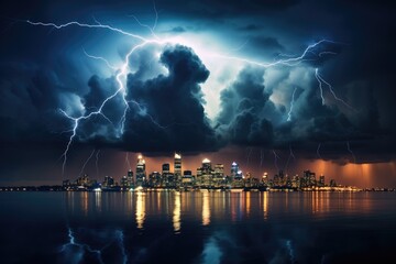 Night city with clouds and lightning.