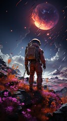 Fototapeta premium A lone astronaut stands on a barren, rocky moonscape. 