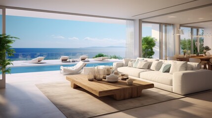 Luxury home living room interior with cool windows with ocean view