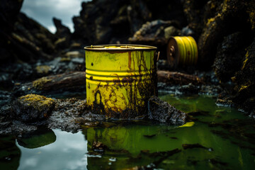 Fototapeta premium Rusted old steel drum under the ocean. Leaking toxic waste or oil into the sea. Concept of pollution and environmental disasters. Shallow field of view.