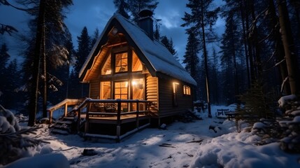 Exterior of small illuminated wooden cabin located on snowy forest in winter at night