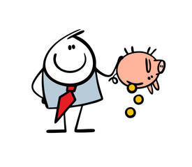 Satisfied businessman turned over a piggy bank and shakes coins out of bank. Vector illustration of a man in a business suit taking out savings for investment.